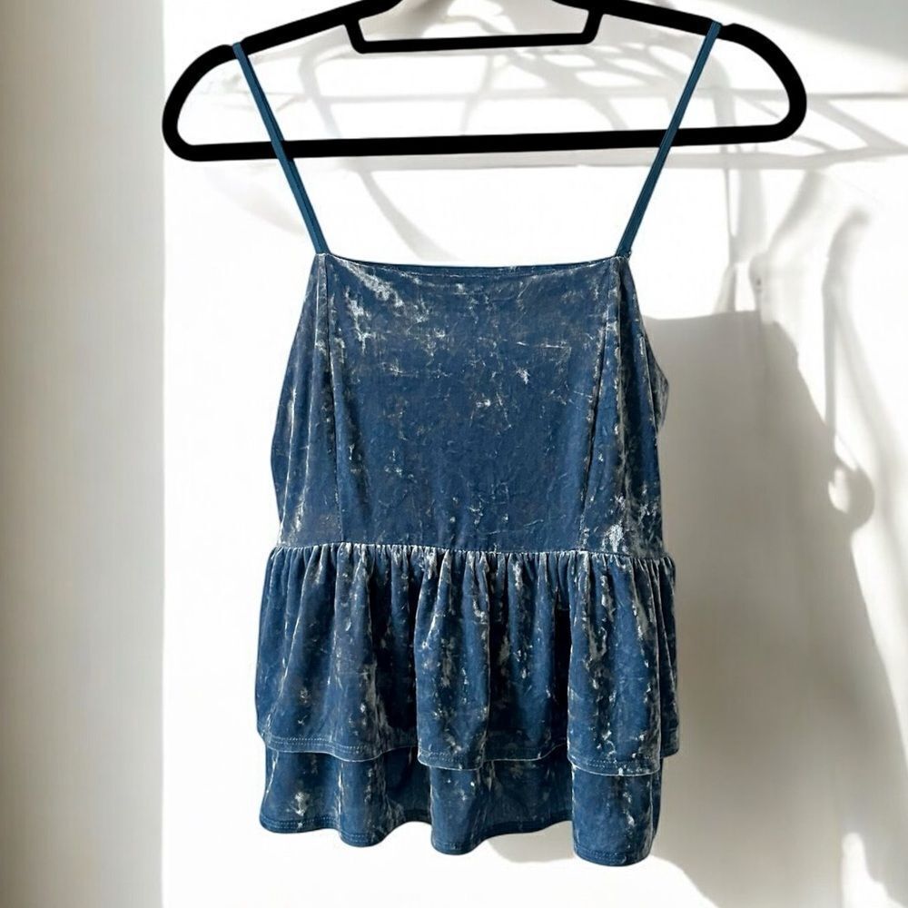 American Eagle Shirt Velvet Tiered Babydoll Top Blue Size Small NWT - Picture 4 of 11